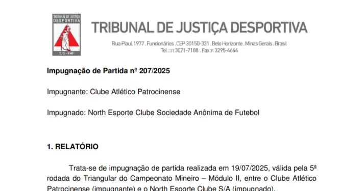 TJD-MG acata recurso do Patrocinense e suspende homologação de resultado contra o North